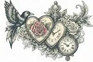 two heart shaped locket clocks held together a few inches apart by vines, flowers, feathers tattoo design idea