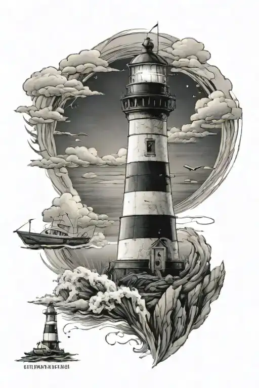 light house ocean scene tattoo design idea