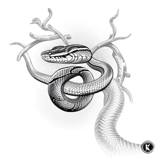 King cobra snake coiled around a branch, with two #1 dices in it's eyes tattoo design idea