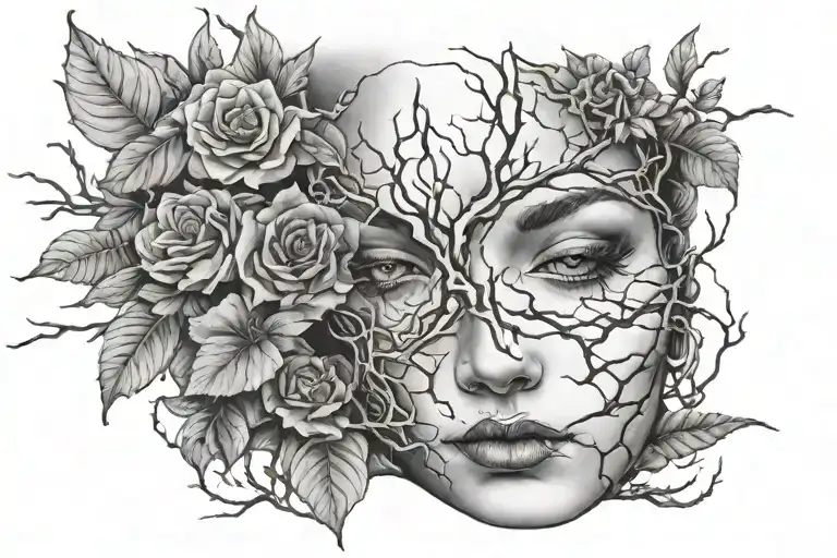nature blended with cracked female face tattoo design idea