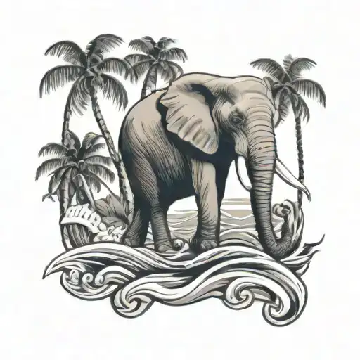 honduras, palm trees and waves, elephant  tattoo design idea
