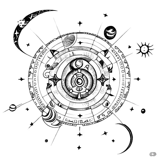 gemini constilation with a moon and stars and planets tattoo design idea