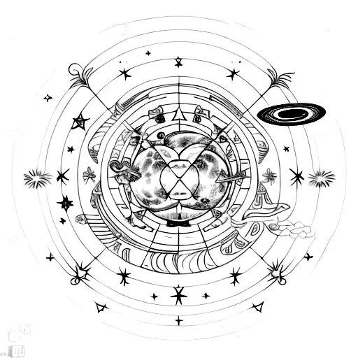 gemini constilation with a moon and stars and planets tattoo design idea