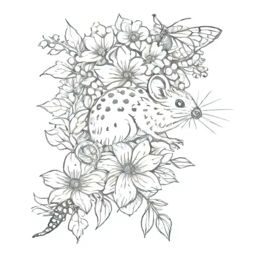 a flower design, hemlock flowers, a mouse with a flower crown and a ladybird tattoo design idea