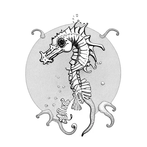 sea horse skeleton side profile, sea theme, sea weed, flowers, marsh land, thigh, witch tattoo design idea