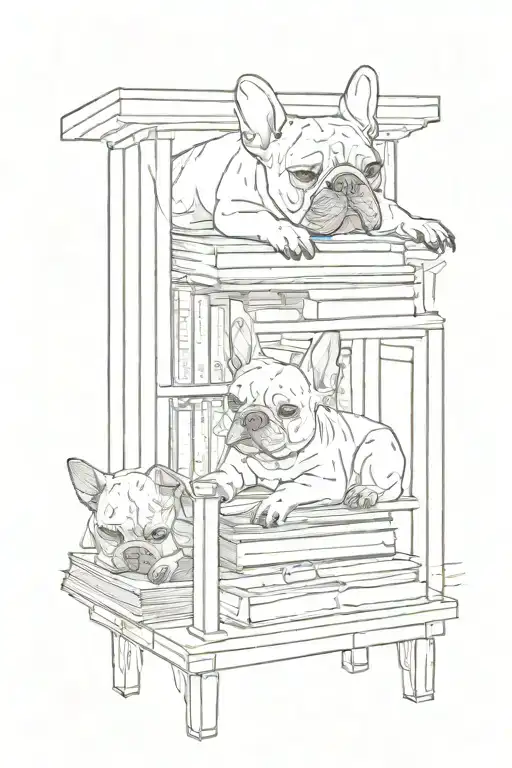 A bookshelf filled with Star Wars themed books and a French bulldog sleeping on top tattoo design idea