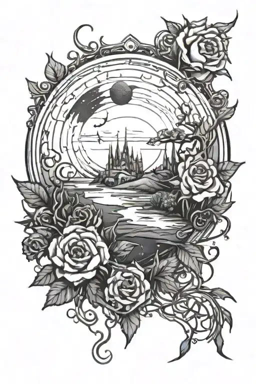 A planet with a dark romantic scene inspired by A Court of Thorns and Roses tattoo design idea