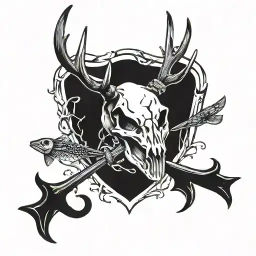deer skull with fish hook crossed tattoo design idea
