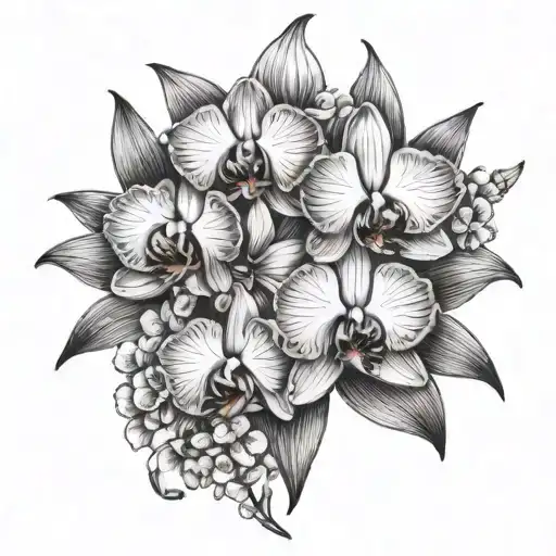 A tattoo design of a detailed orchid and cherry blossom bouquet to symbolize love and marriage tattoo design idea