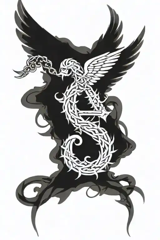 number seven, angel wings, crown barbed wire, strip winding tattoo design idea