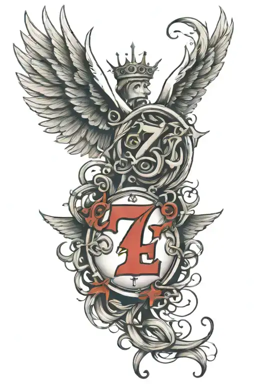 number seven, angel wings, crown barbed wire tattoo design idea