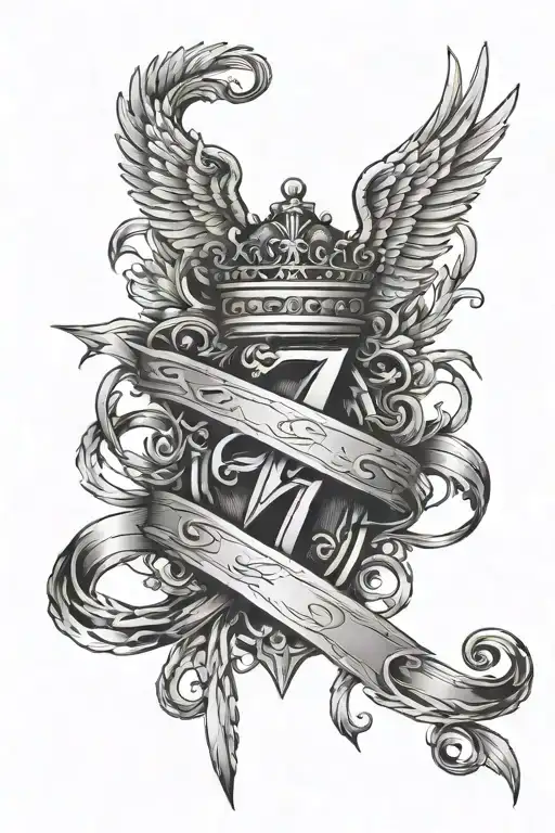 number seven, angel wings, crown barbed wire, strip winding tattoo design idea