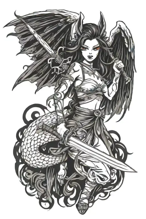winged Demonic antro Kitsune girl holding katana sword tattoo design idea