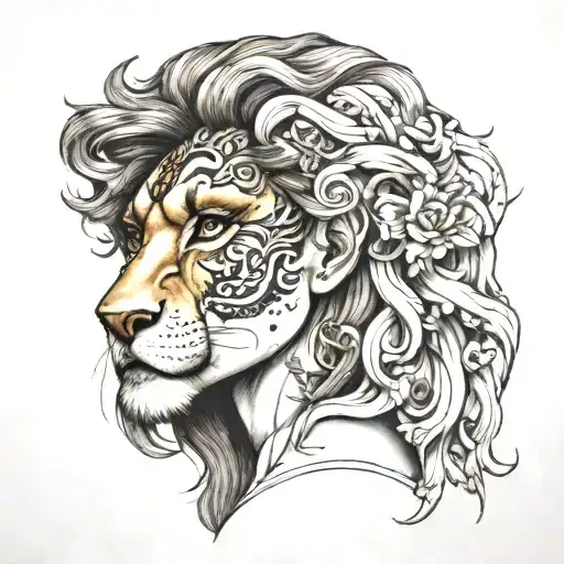 half woman's face with half lion sculpture tattoo design idea
