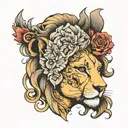 half woman's face with half lion sculpture tattoo design idea