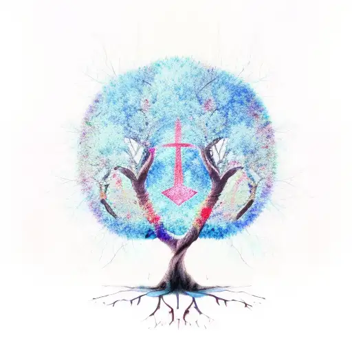 Tree in watercolour tree with branches forming the rune Fehu tattoo design idea