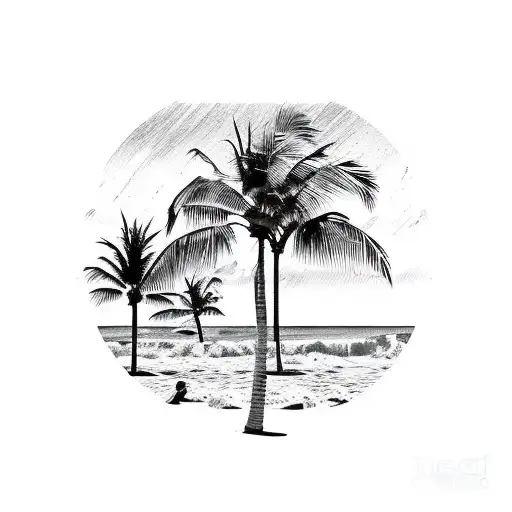 A beach scene with palm trees and waves, incorporating the love for praia and surf tattoo design idea