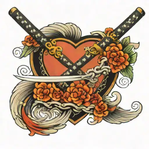 Katana that goes to the heart with wings tattoo design idea