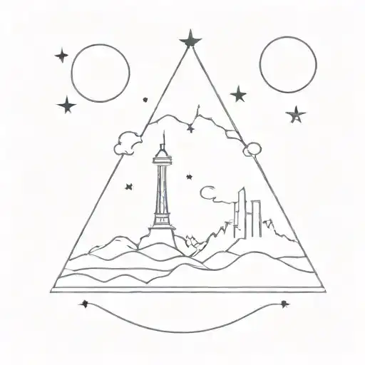 A tattoo of the Pisces constellation, with mountains and the ocean, symbols of the Eiffel Tower and the Space Needle tattoo design idea