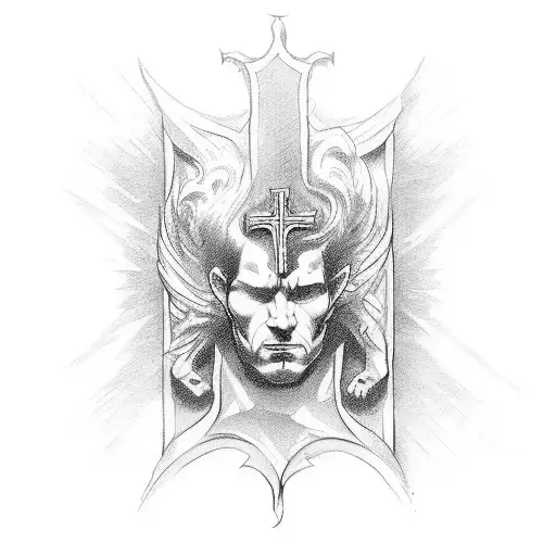 Symbolic representation battle scene of good and evil centered on a cross catholic tattoo design idea