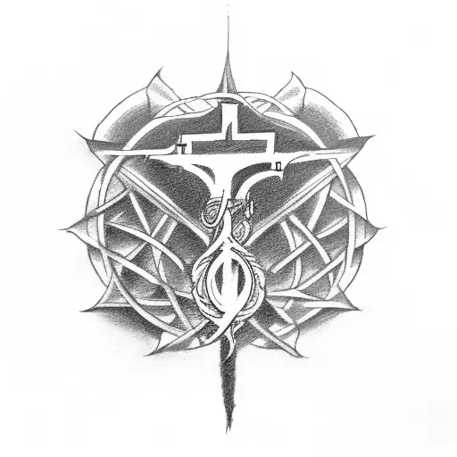 Symbolic representation battle of good and evil centered on a cross catholic tattoo design idea