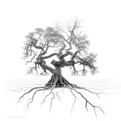The focal point is a large oak tree with solid, sturdy roots and branches stretching up towards the sky. At the base of  tattoo design idea