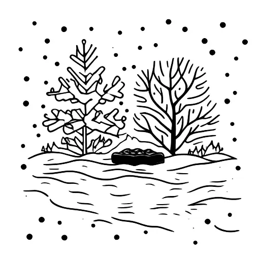A cold winter scene with a chocolate bar melting into a river tattoo design idea