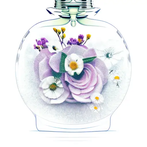 Perfume bottle surrounded by delicate flowers tattoo design idea