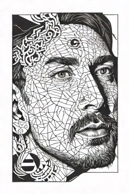 A surrealistic tattoo design combining musical notes and a portrait of Messi, with an eye incorporated into the design tattoo design idea