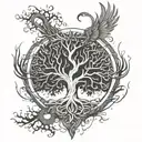 tree of life with the roots in the shape of an upside down phoenix tattoo design idea