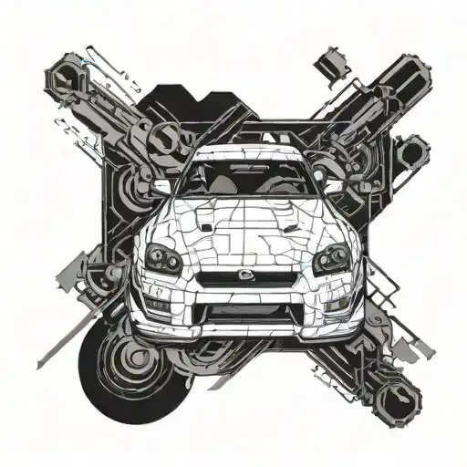 A Nissan GTR R-34 speeding through a digital landscape, symbolizing the intersection of classic cars and IT technology tattoo design idea