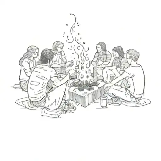 A group of friends sitting around a bonfire, engaging in deep talks with car parts scattered around them tattoo design idea
