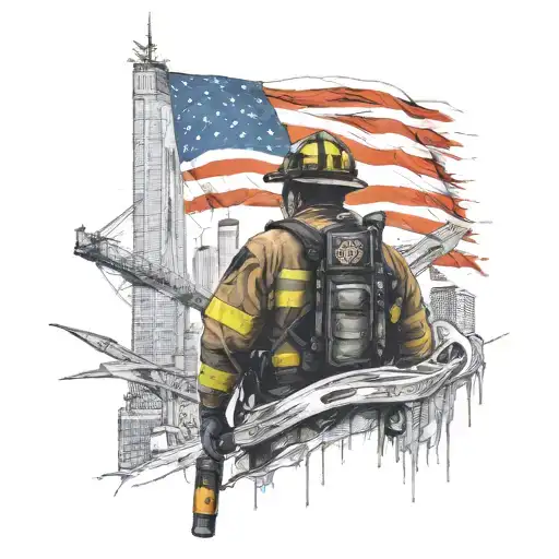 world trade center wraped with an american flag and a firefighter with its gear on looking at the world trade center tattoo design idea