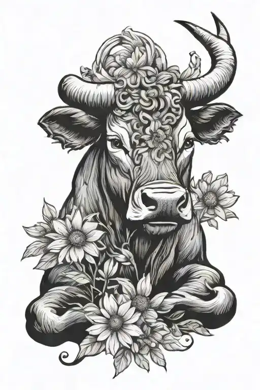 bull sitting ,Taurus zodiac symbol, daisy,  earth  tattoo design idea