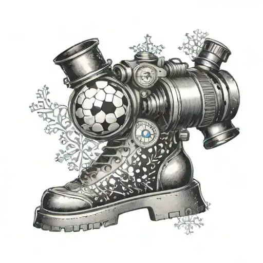 A microscope with a soccer ball and hiking boots inside the lens, surrounded by snowflakes tattoo design idea
