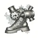 A microscope with a soccer ball and hiking boots inside the lens, surrounded by snowflakes tattoo design idea