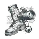 A microscope with a soccer ball and hiking boots inside the lens, surrounded by snowflakes tattoo design idea