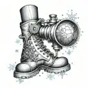 A microscope with a soccer ball and hiking boots inside the lens, surrounded by snowflakes tattoo design idea
