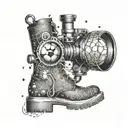A microscope with a soccer ball and hiking boots inside the lens, surrounded by snowflakes tattoo design idea