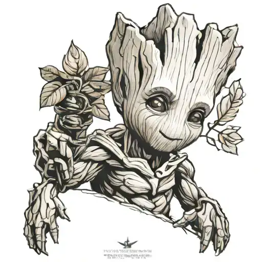 tatouage noir et blanc je souhaite le  baby groot du gardien de la galaxy qui a des cheveux en forme de mont blanc  tattoo design idea