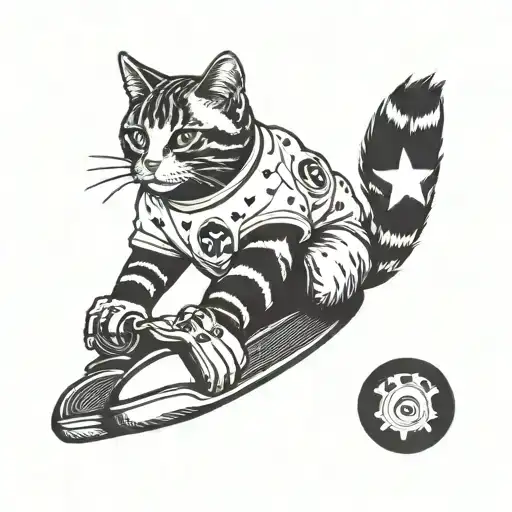 A blackwork tattoo of a cat wearing a Steelers jersey playing disc golf with its kittens tattoo design idea