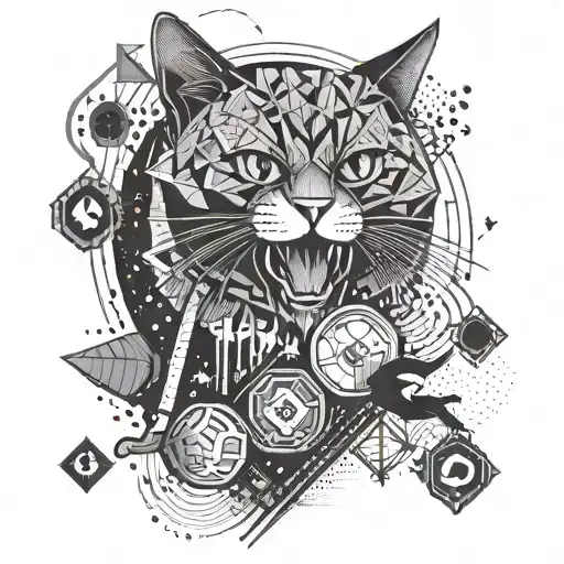 A geometric design incorporating elements of disc golf, cats, and the Pittsburgh Steelers logo tattoo design idea