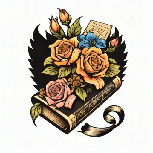 stack of books with bouquet of flowers tattoo design idea