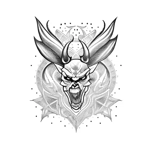 A dark and mysterious tattoo of Satan surrounded by guitars and money in a blackwork style tattoo design idea