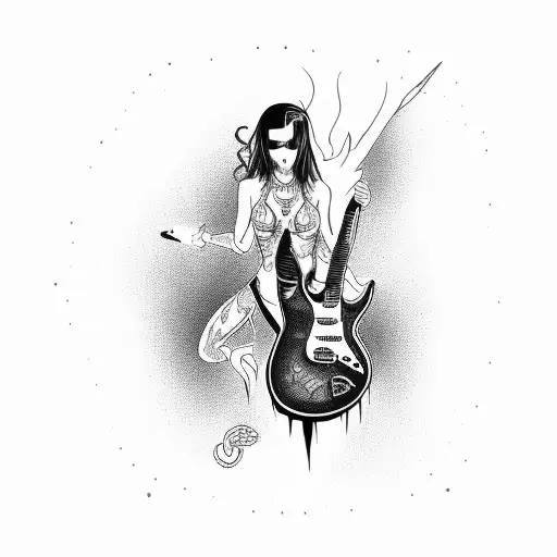 A demonic woman playing an electric guitar surrounded by money and gambling symbols tattoo design idea