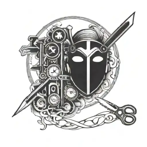 mask, swiss army knife and circle shape tattoo design idea