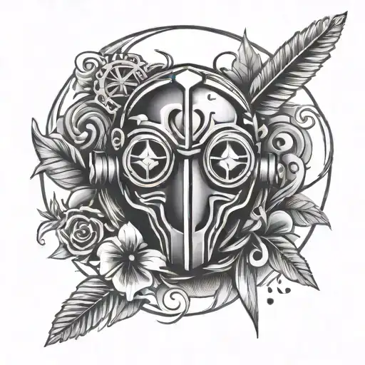 mask, swiss army knife and circle shape tattoo design idea