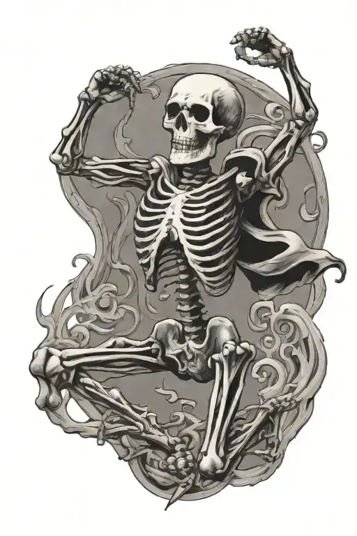 dancing skeleton with his arms up tattoo design idea