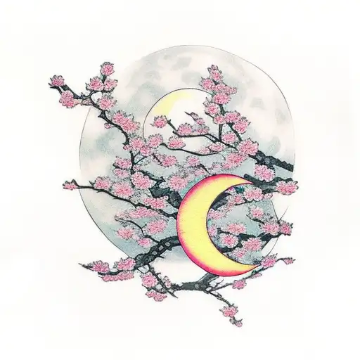 cherry blossom with moon tattoo design idea