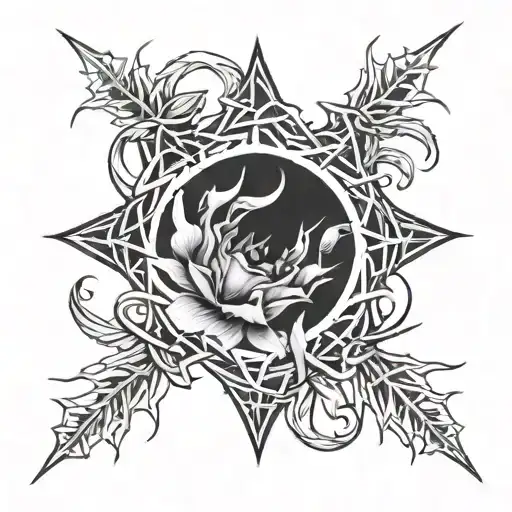 A blackwork tattoo of a crown of thorns encircling a rose, symbolizing sacrifice and redemption tattoo design idea